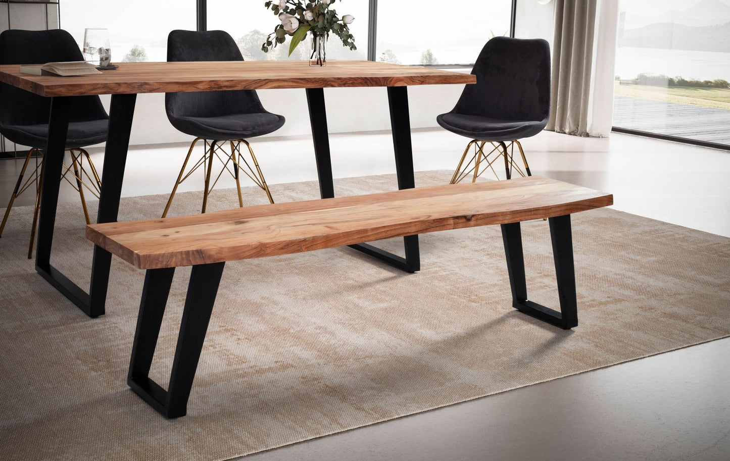 Esszimmerbank 140 mal 40 mal 45 5 cm Akazie Massivholz Metall mit Baumkante Esstischbank Modern Holzbank Massiv ohne Lehne Kuechenbank Essbank mit U Beinen Sitzbank Esszimmer Klein