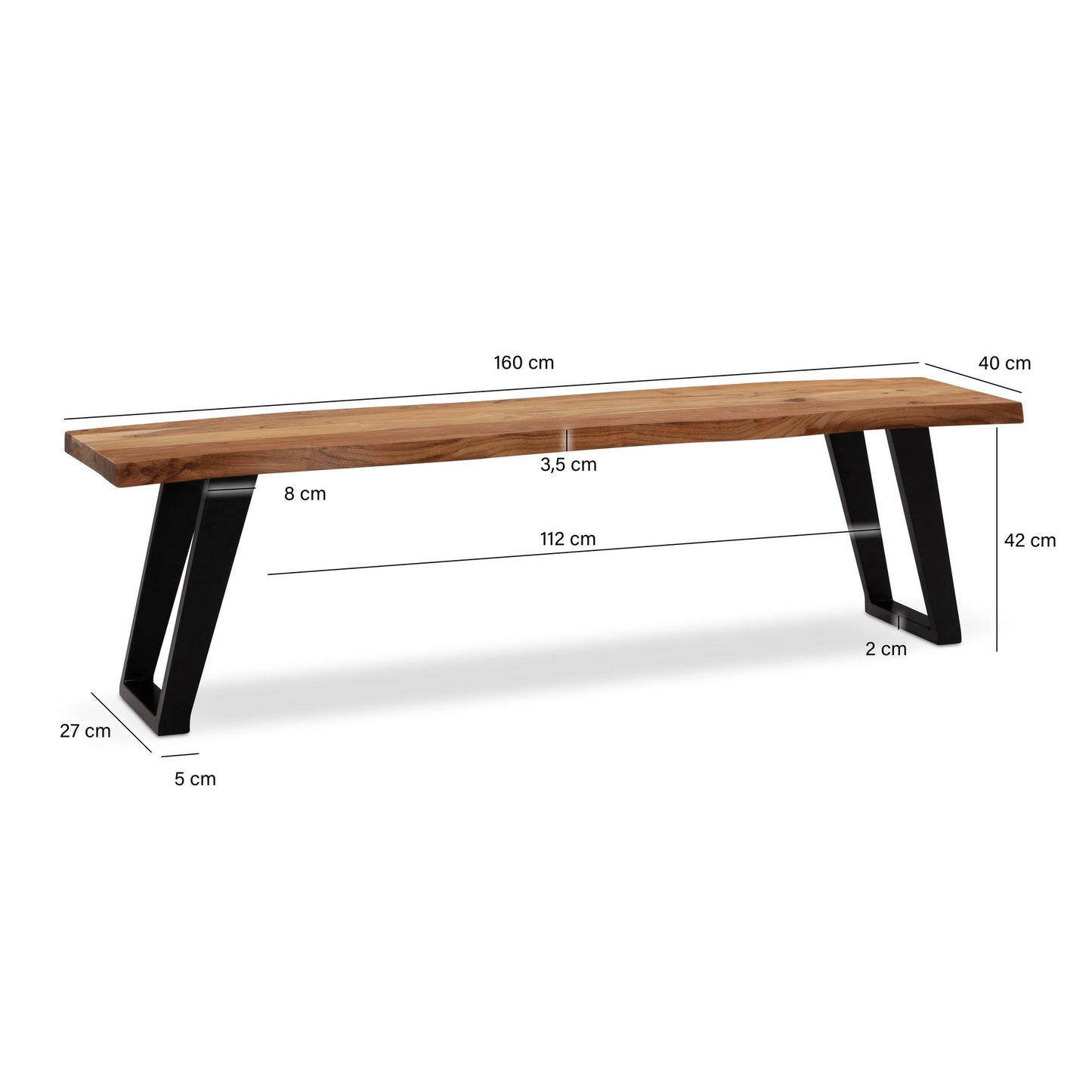 Esszimmerbank 160 mal 40 mal 45 5 cm Akazie Massivholz Metall mit Baumkante Esstischbank Modern Holzbank Massiv ohne Lehne Kuechenbank Essbank mit U Beinen Sitzbank Esszimmer Gross