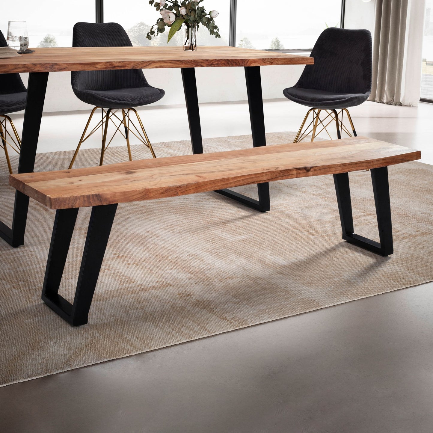 Esszimmerbank 160 mal 40 mal 45 5 cm Akazie Massivholz Metall mit Baumkante Esstischbank Modern Holzbank Massiv ohne Lehne Kuechenbank Essbank mit U Beinen Sitzbank Esszimmer Gross
