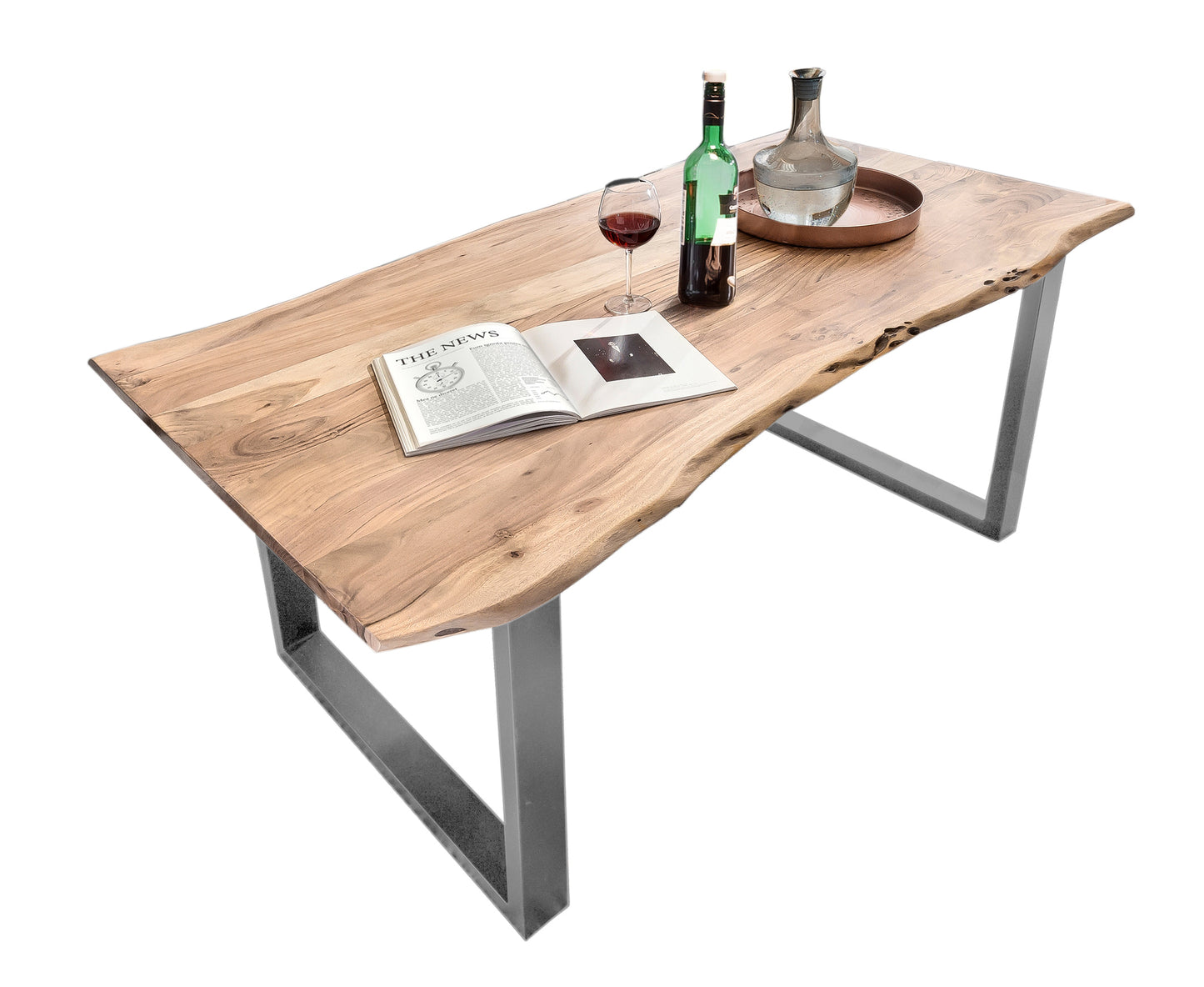 Tisch 180x90 cm Akazie natur 36 mm Baumkante wie gewachsen mit silbernem Kufen-Gestell Plattenstaerke 36 mm