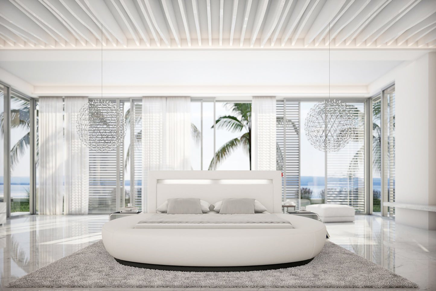 Rundbett 140x200 cm LED weiß Kunstleder-Optik