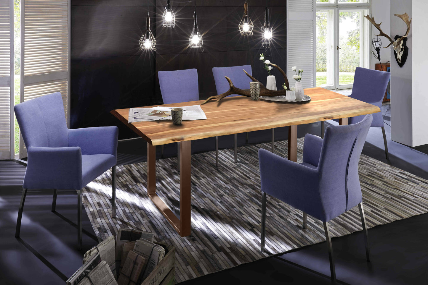 Tisch 180x90 cm Akazie natur 36 mm Baumkante wie gewachsen mit braunem Kufen-Gestell Plattenstaerke 36 mm