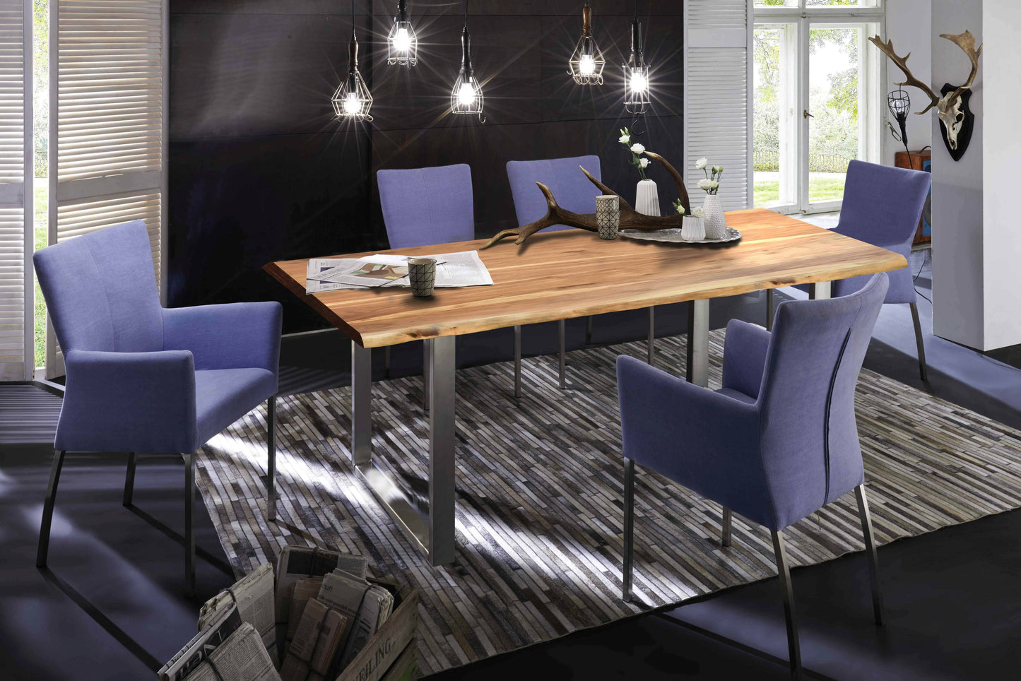 Tisch 180x90 cm Akazie natur 36 mm Baumkante wie gewachsen mit silbernem Kufen-Gestell Plattenstaerke 36 mm