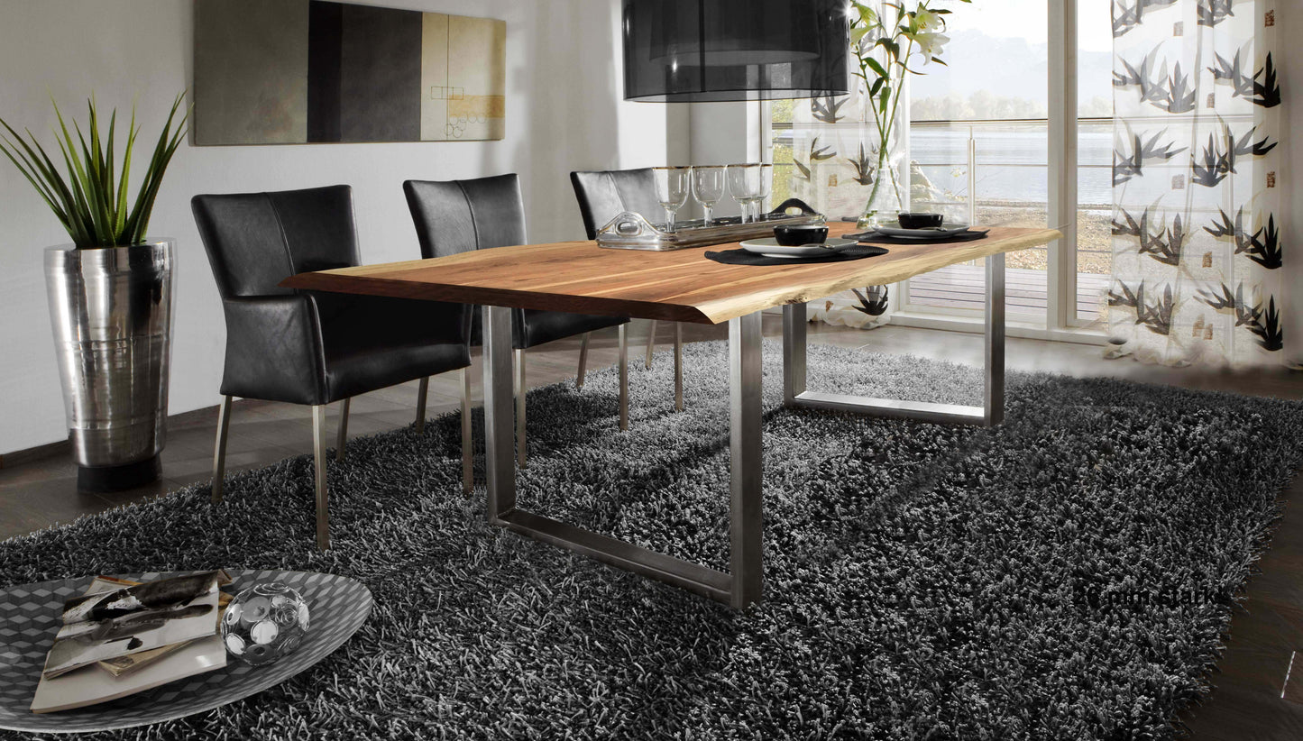 Tisch 180x90 cm Akazie natur 36 mm Baumkante wie gewachsen mit silbernem Kufen-Gestell Plattenstaerke 36 mm