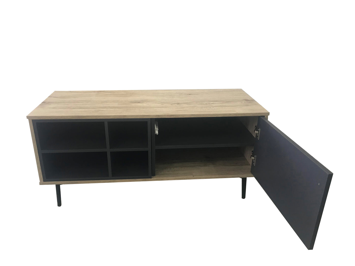 Lowboard   1 Tuer 4 offene Faecher 1 Boden Beinhoehe 135 cm Fachmasse 2 x 265x375x124 cm 2 x 16x37x124 cm hinter der Tuer 475x385x28 cm