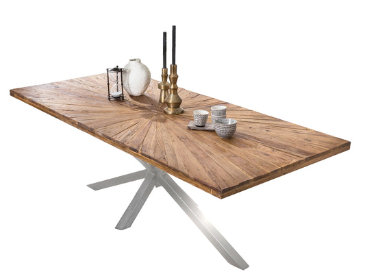 Tisch 200x100 cm Platte Teak "Sonne" silbernes Stern-Gestell Plattenstaerke 50 mm