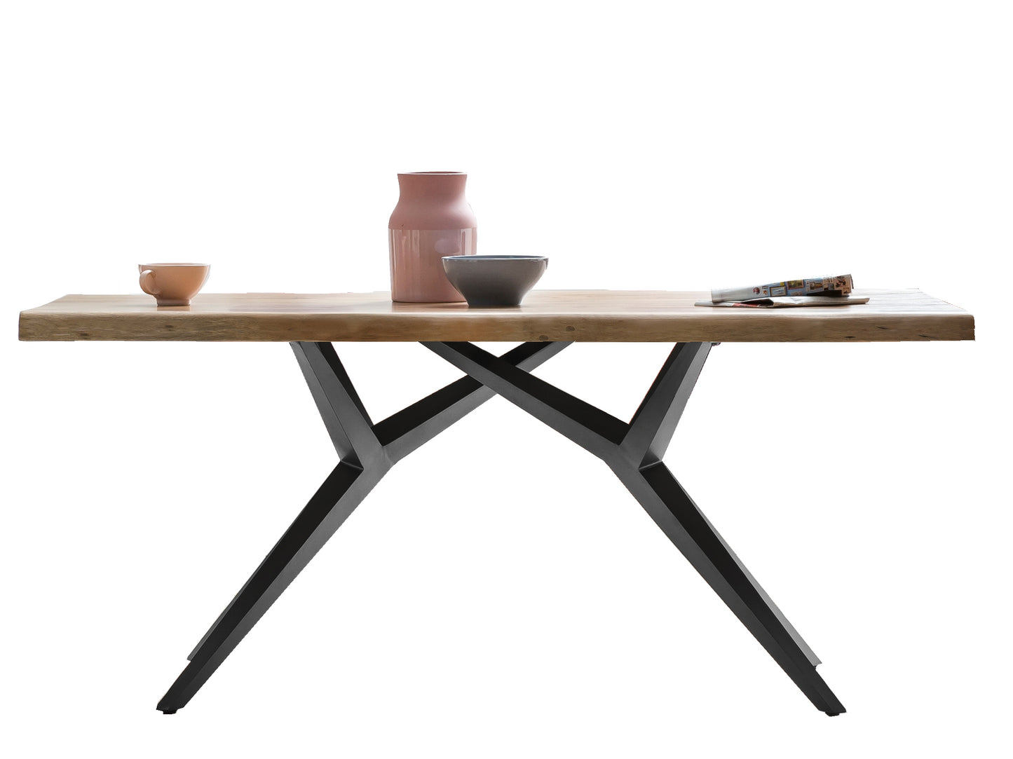 Tisch 180x90 cm Platte Mango mit Baumkante extravagantes schwarzes Gestell Plattenstaerke aufgedoppelt auf 56 mm