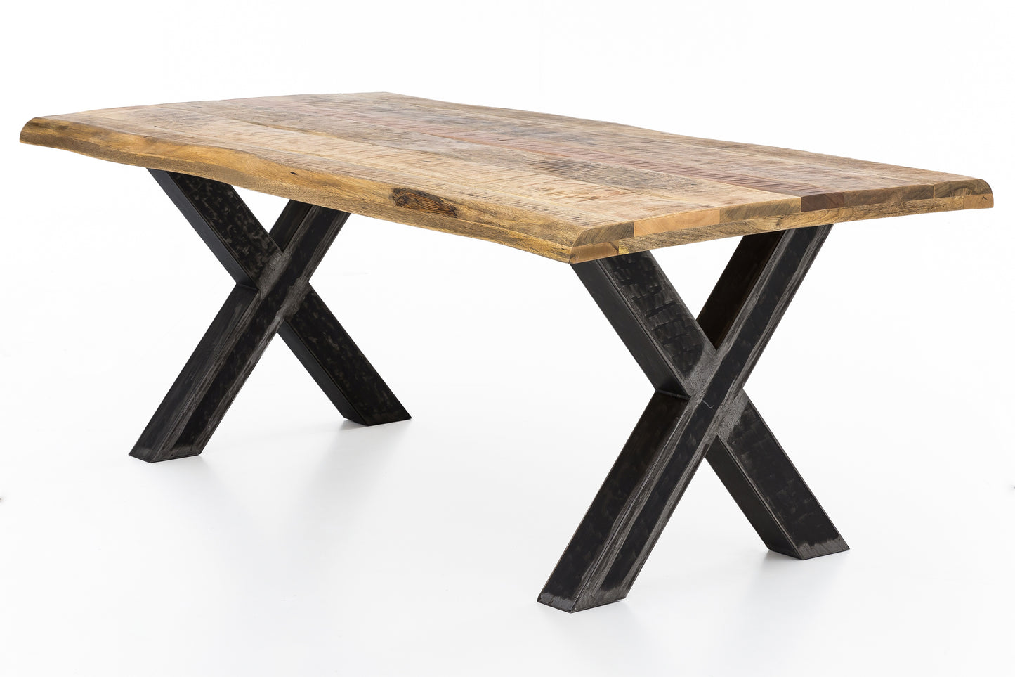 Tisch 180x90 cm Platte Mango mit Baumkante X-Gestell im Used-Look Plattenstaerke aufgedoppelt auf 56 mm Abstand zwischen den Beinen  110 cm Rohr 10 x 10 cm Wandstaerke 14 mm untere Hoehe der Kreuzung 28 cm obere Hoehe 45 cm