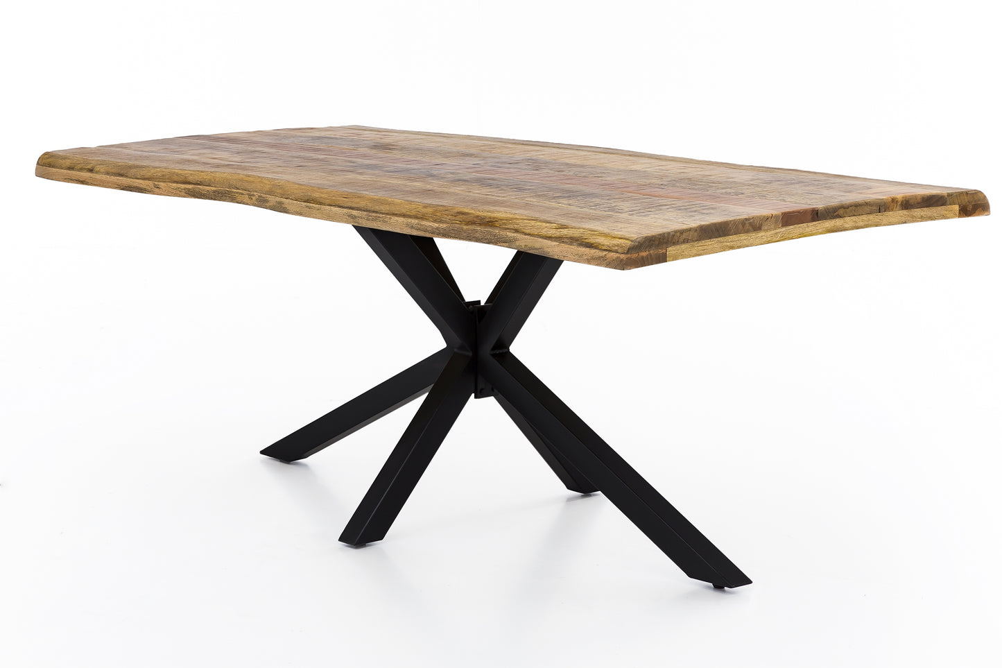 Tisch 200x100 cm Platte Mango mit Baumkante schwarzes Stern-Gestell Plattenstaerke aufgedoppelt auf 56 mm