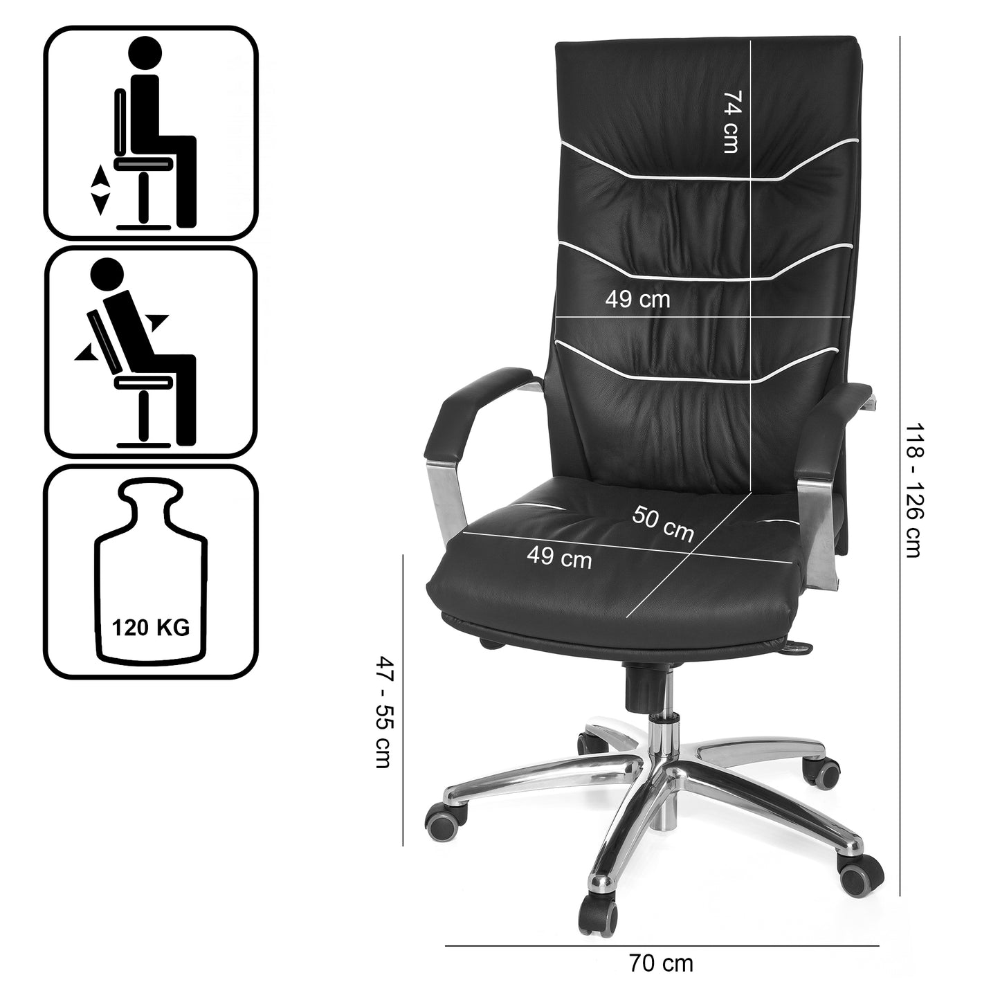 Buerostuhl Echt Leder schwarz Schreibtischstuhl Chefsessel mit Kopfstuetze und Multiblockmechanik Design Drehstuhl verstellbar und hohe Rueckenlehne