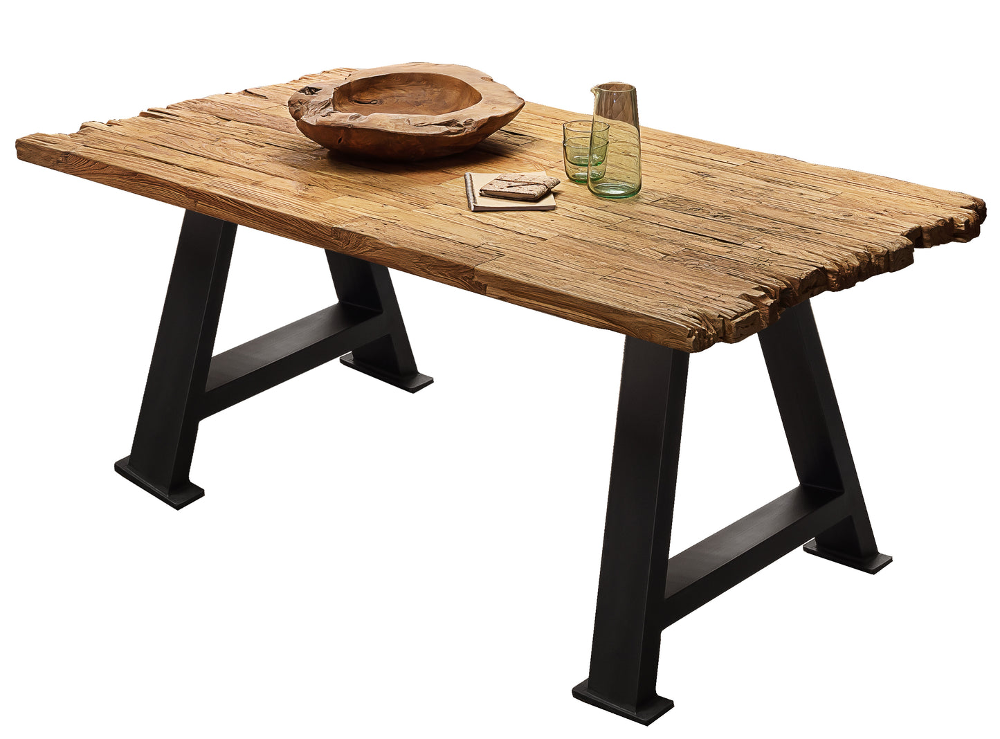 Tisch 200x100 cm Platte Teak mit Bruchkante schwarzes A-Gestell Plattenstaerke auf 50 mm aufgedoppelt Abstand zwischen Beinen 130 cm ueberstand 19cm