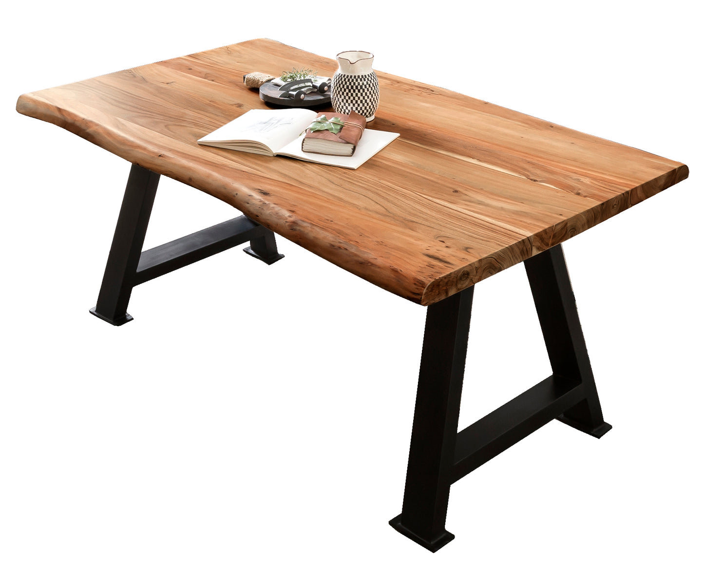 Tisch 180x90 cm Platte Akazie 36 mm mit Baumkante schwarzes A-Gestell Plattenstaerke 36 mm ueberstand 19cm