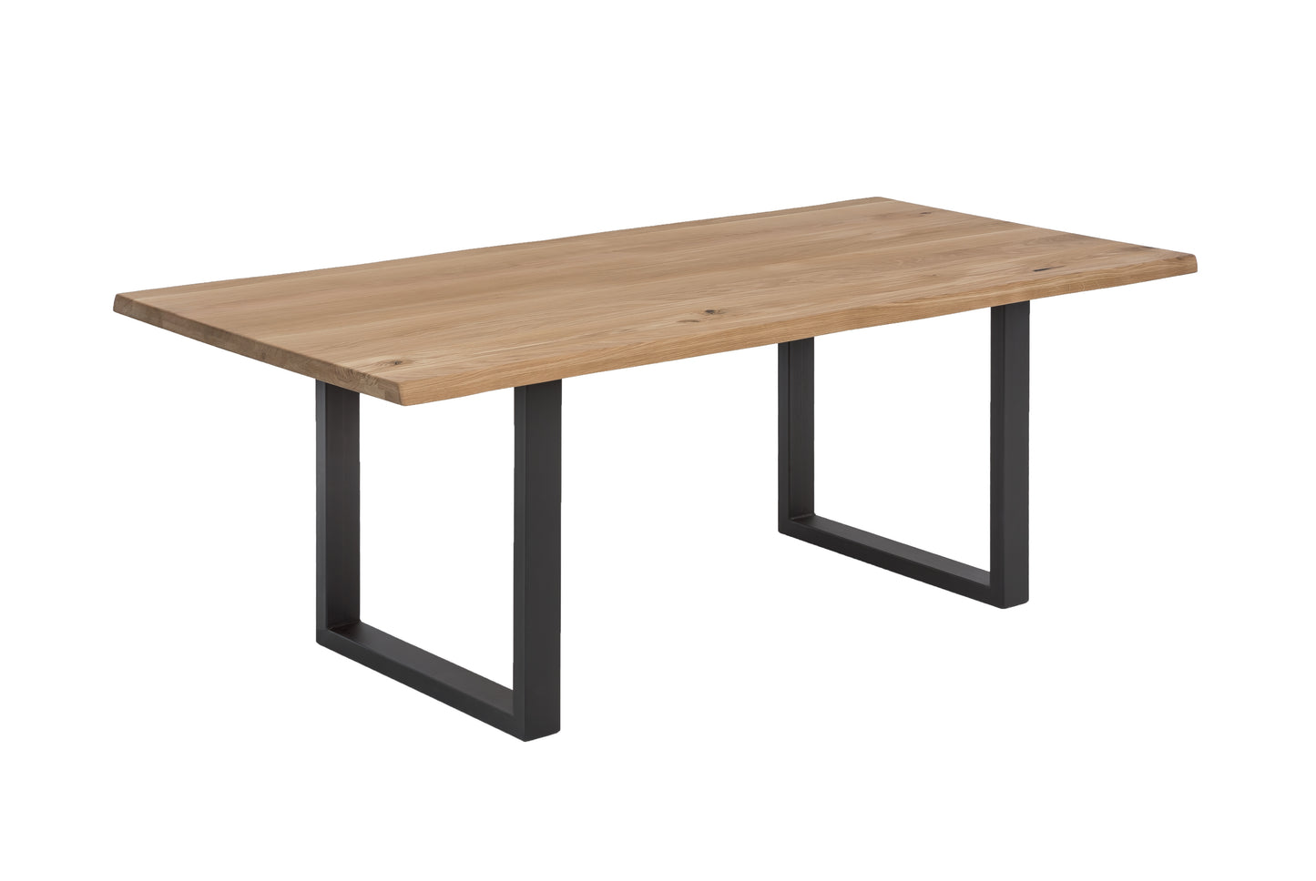 Tisch 180x90 cm Wildeiche schwarzes Gestell mit Baumkante wie gewachsen Plattenstaerke 20 mm auf 40 mm aufgedoppelt Platte aus durchgehenden Lamellen Abstand zwischen den Beinen 133 cm Abstand Gestell zur Kante 155 cm Gestellbreite 8 cm