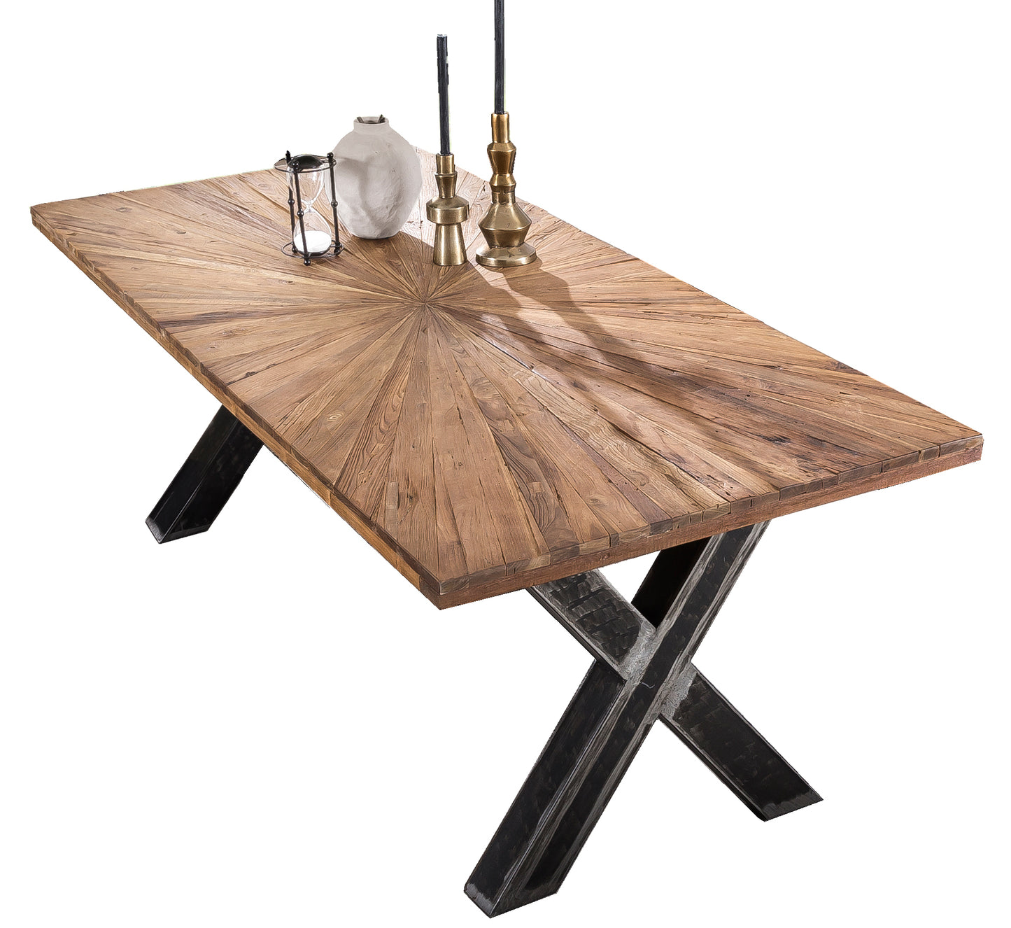 Tisch 200x100 cm Platte Teak "Sonne" X-Gestell im Used-Look Plattenstaerke auf 50 mm aufgedoppelt Abstand zwischen den Beinen  130 cm Rohr 10 x 10 cm Wandstaerke 14 mm untere Hoehe der Kreuzung 28 cm obere Hoehe 45 cm