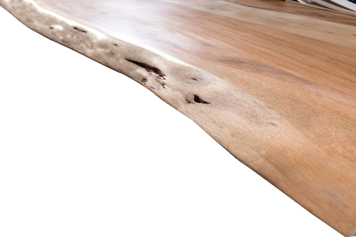 Tisch 220x100 cm Platte Akazie 56 cm mit Baumkante extravagantes silbernes Gestell Plattenstaerke 56 mm