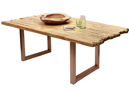 Tisch 220x100 cm Platte Teak mit Bruchkante braunes Kufen-Gestell Plattenstaerke aufgedoppelt auf 50 mm Breite der Vierkantrohre 6 cm ueberstand 20cm