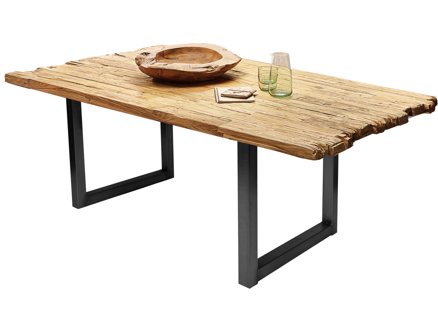 Tisch 160x90 cm Platte Teak mit Bruchkante schwarzes Kufen-Gestell Plattenstaerke aufgedoppelt auf 50 mm Breite der Vierkantrohre 6 cm ueberstand 20cm