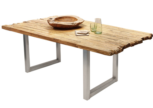 Tisch 160x90 cm Platte Teak mit Bruchkante silbernes Kufen-Gestell Plattenstaerke aufgedoppelt auf 50 mm Breite der Vierkantrohre 6 cm ueberstand 20cm