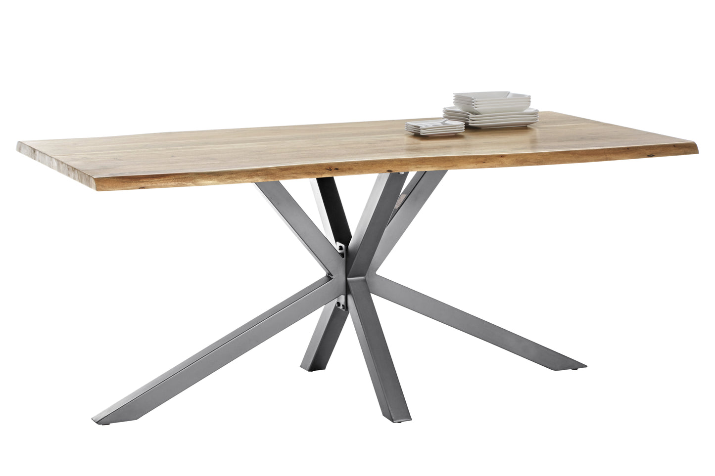 Tisch 180x90 cm Akazie natur mit Baumkante wie gewachsen und silbernem Stern-Gestell Plattenstaerke 36 mm Vierkantrohre 6x6 cm