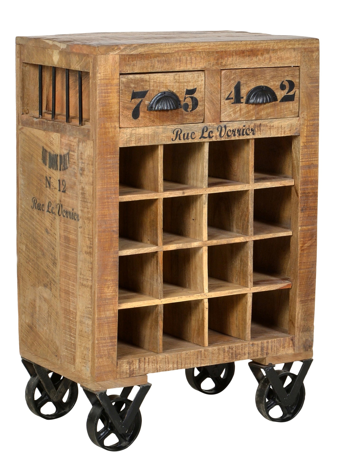 Wein-Kommode auf Rollen 2 Schubladen Ablage fuer 16 Flaschen Schubladeninnenmass 465x32x 95 cm (19 cm ausziehbar) Faecher 10x10x34 cm maximale Belastbarkeit 50 kg