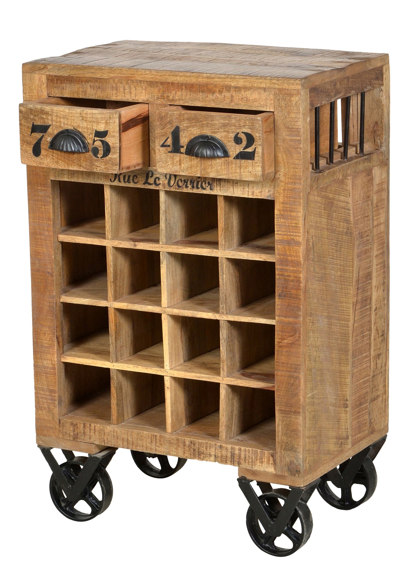 Wein-Kommode auf Rollen 2 Schubladen Ablage fuer 16 Flaschen Schubladeninnenmass 465x32x 95 cm (19 cm ausziehbar) Faecher 10x10x34 cm maximale Belastbarkeit 50 kg