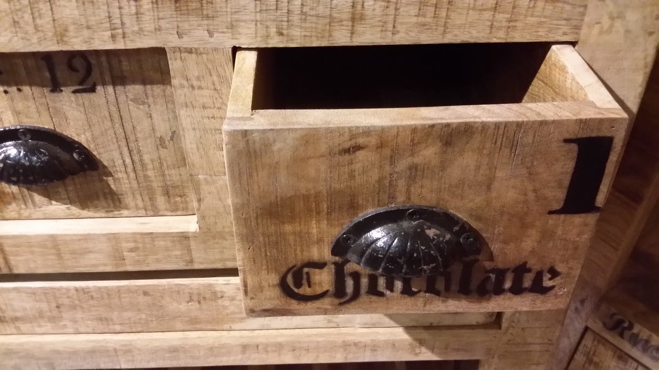 Wein-Kommode auf Rollen 2 Schubladen Ablage fuer 16 Flaschen Schubladeninnenmass 465x32x 95 cm (19 cm ausziehbar) Faecher 10x10x34 cm maximale Belastbarkeit 50 kg