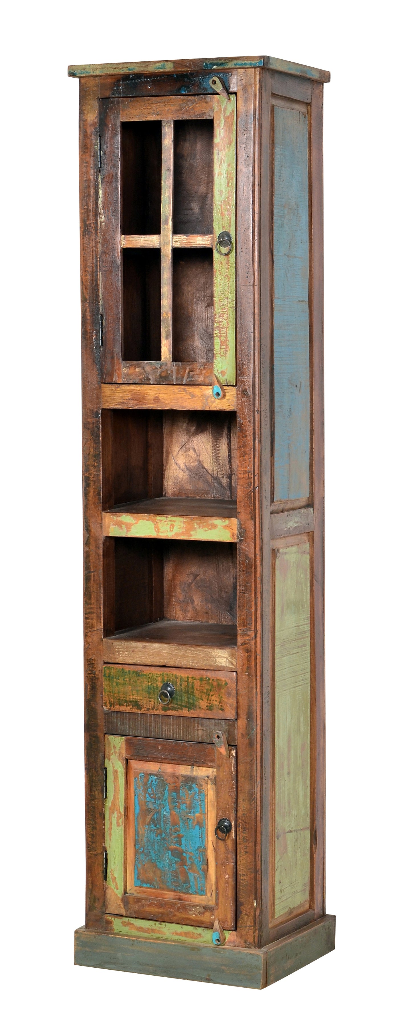 Badezimmer-Hochschrank 2 Tueren 1 Schublade 2 offene Faecher Anschlag waehlbar 1 Boden hinter der Glastuer Fachmasse oben 30x30x30 cm offene Faecher 30x30x19 cm Fach unten 30x30x42 cm Schubladeninnenmass 265x26x9 cm