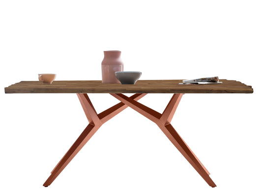 Tisch 200x100 cm Platte Teak mit Bruchkante extravagantes braunes Gestell Plattenstaerke aufgedoppelt auf 50 mm