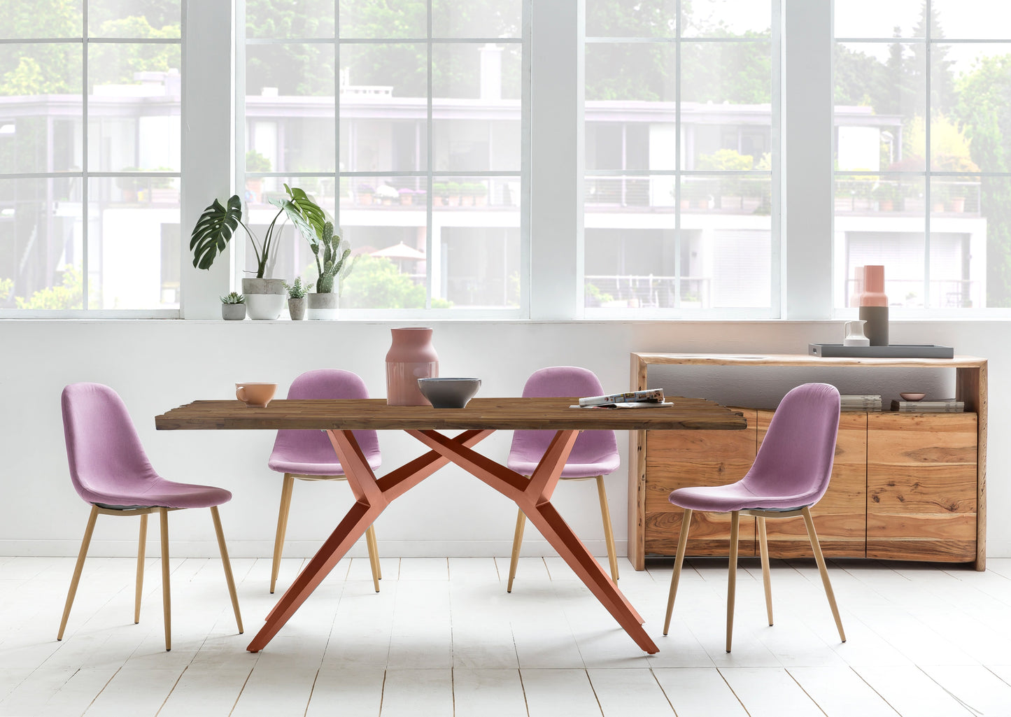 Tisch 200x100 cm Platte Teak mit Bruchkante extravagantes braunes Gestell Plattenstaerke aufgedoppelt auf 50 mm