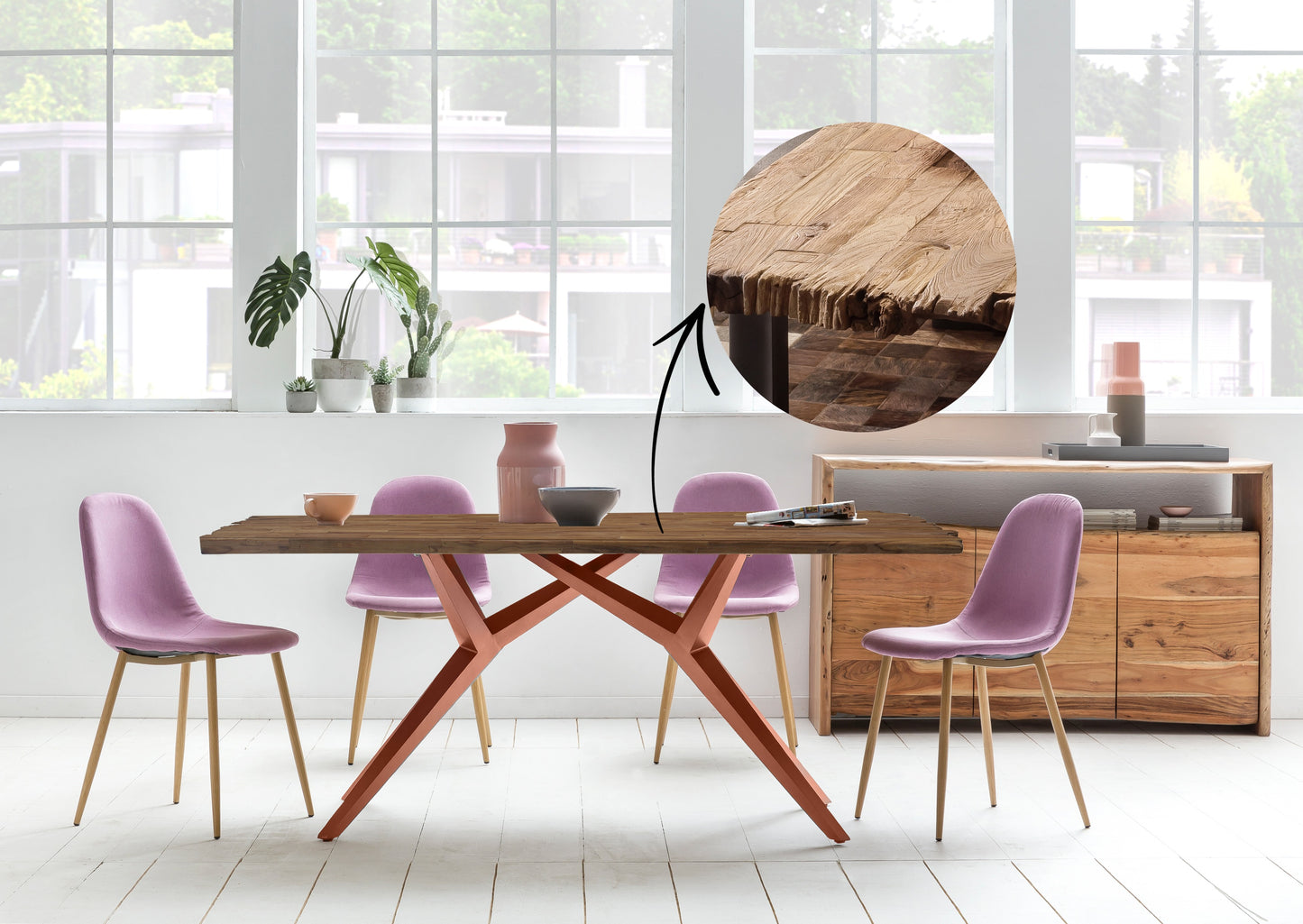 Tisch 200x100 cm Platte Teak mit Bruchkante extravagantes braunes Gestell Plattenstaerke aufgedoppelt auf 50 mm