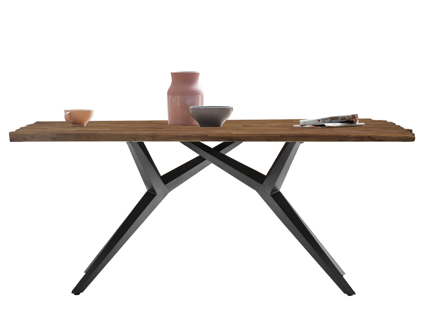 Tisch 200x100 cm Platte Teak mit Bruchkante extravagantes schwarzes Gestell Plattenstaerke aufgedoppelt auf 50 mm