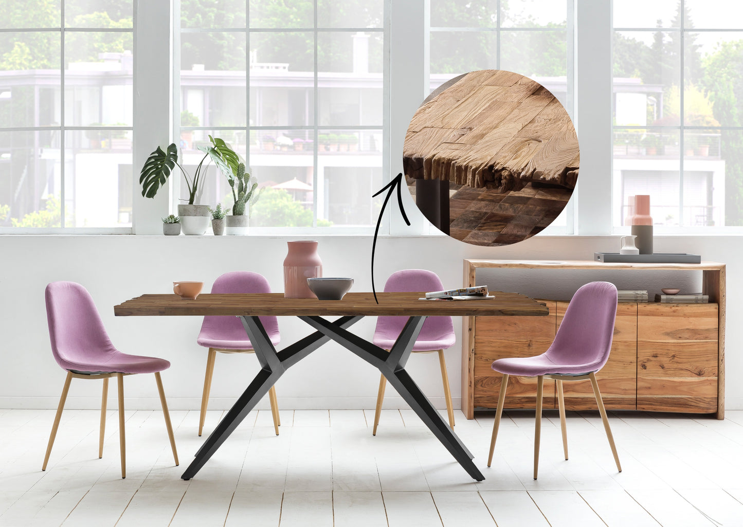 Tisch 200x100 cm Platte Teak mit Bruchkante extravagantes schwarzes Gestell Plattenstaerke aufgedoppelt auf 50 mm