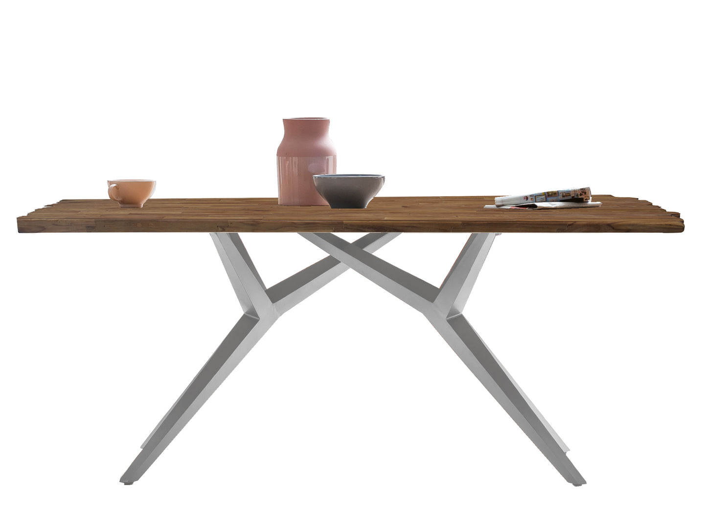 Tisch 200x100 cm Platte Teak mit Bruchkante extravagantes silbernes Gestell Plattenstaerke aufgedoppelt auf 50 mm