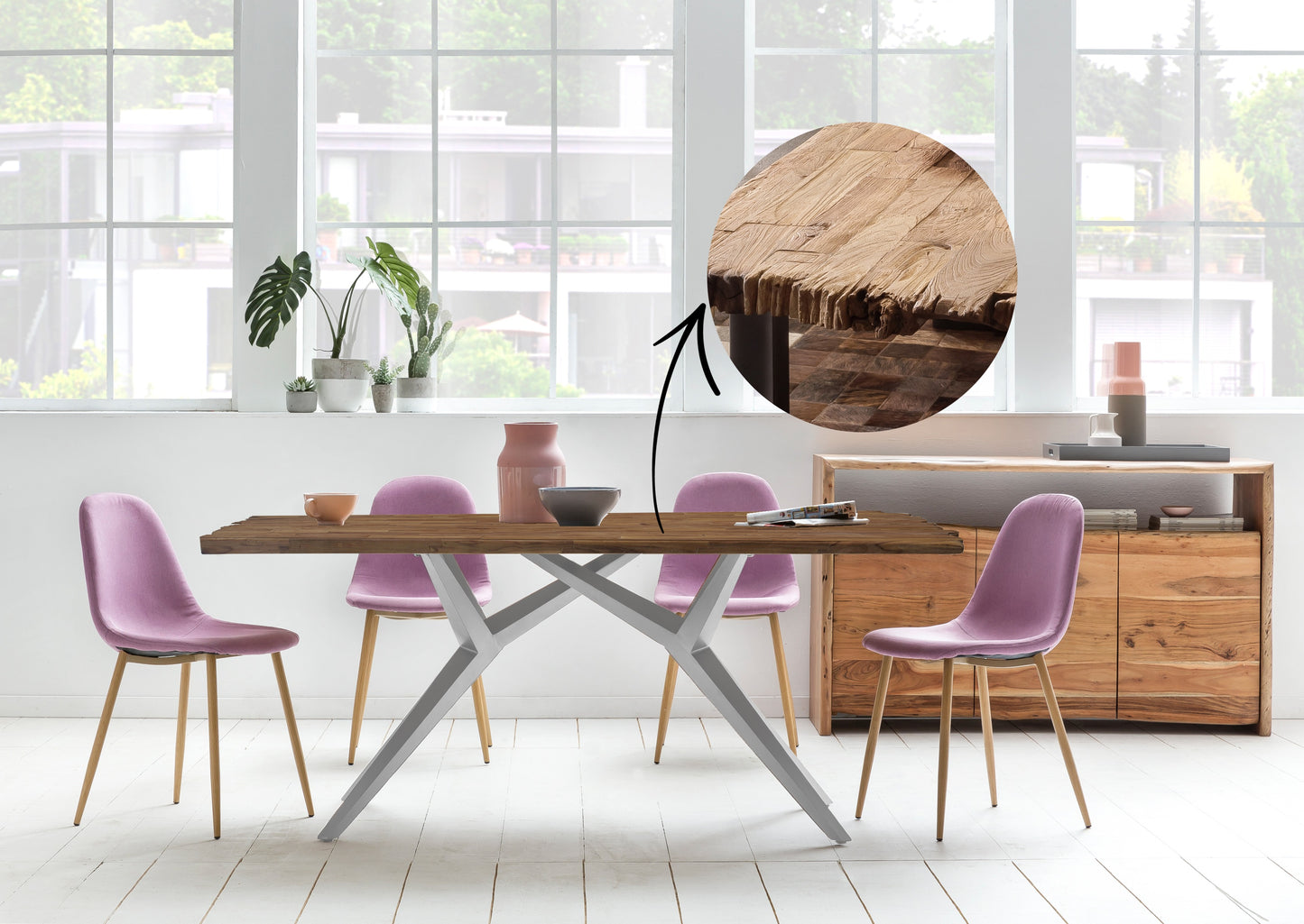 Tisch 200x100 cm Platte Teak mit Bruchkante extravagantes silbernes Gestell Plattenstaerke aufgedoppelt auf 50 mm