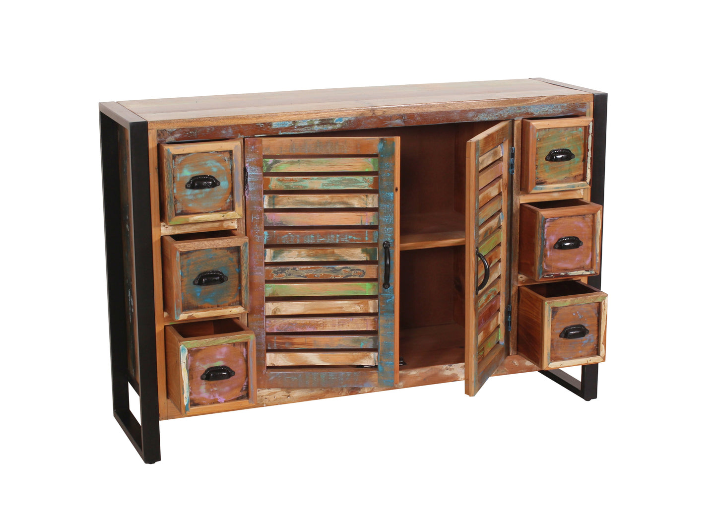 Sideboard 6 Schubladen 2 Tueren bunte Lamellen auf den Tueren Schubladeninnenmass 14x255x17 cm Regal fix Fach innen 34 x 60 cm