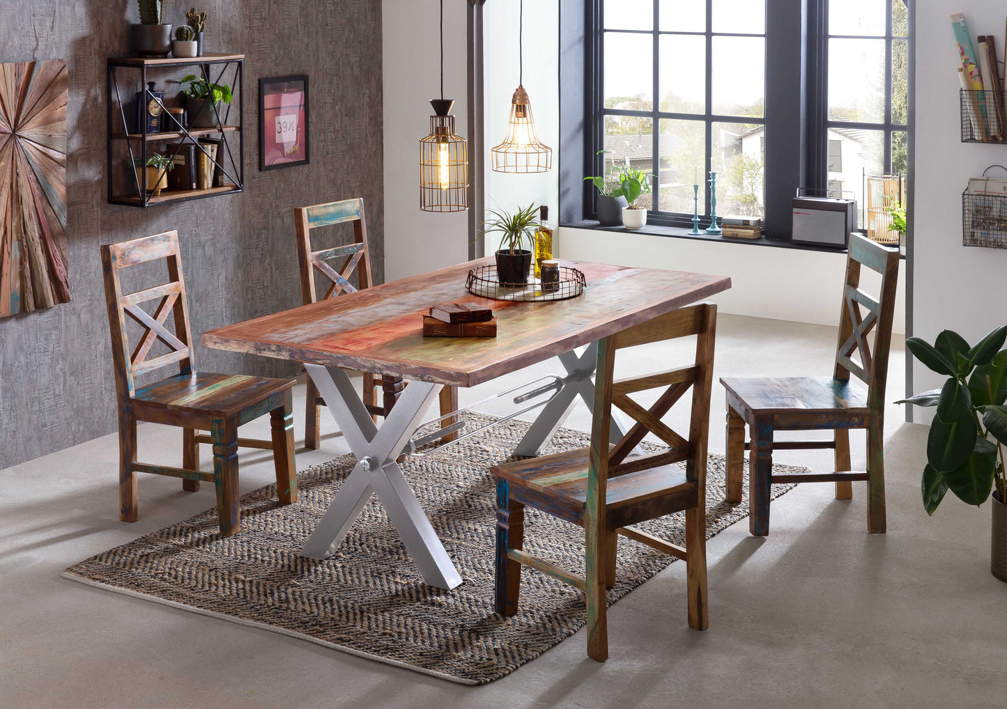 Tisch 180x100 cm Altholz bunt lackiert mit silbernem X-Gestell Plattenstaerke 20 mm auf 40 mm aufgedoppelt