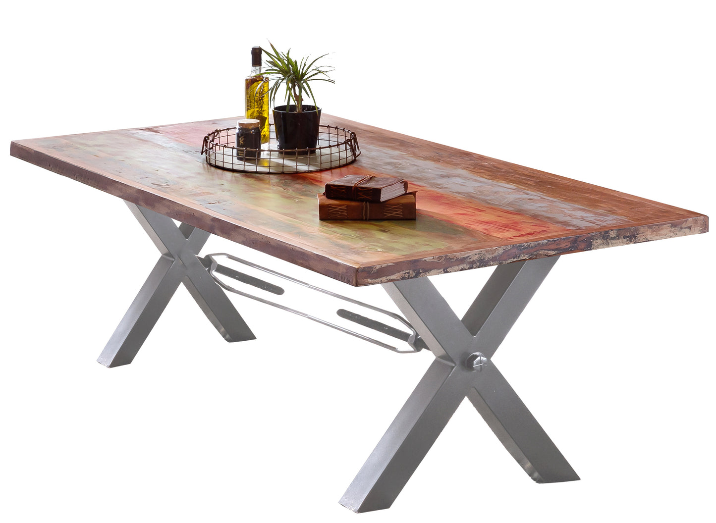 Tisch 180x100 cm Altholz bunt lackiert mit silbernem X-Gestell Plattenstaerke 20 mm auf 40 mm aufgedoppelt