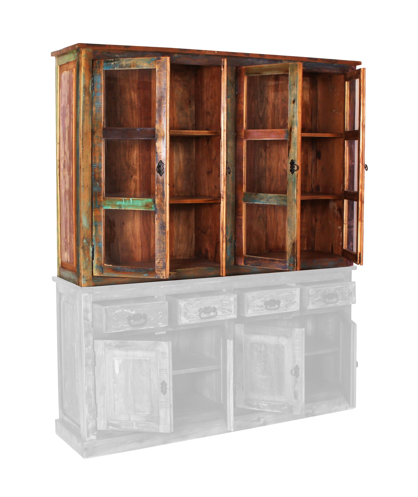 Schrankaufsatz 4 Tueren mit Glaseinsatz passend fuer Sideboard 09113-98 2 feste Boeden Fachmasse oben 76x345x36 cm mittig und unten 76x345x315 cm