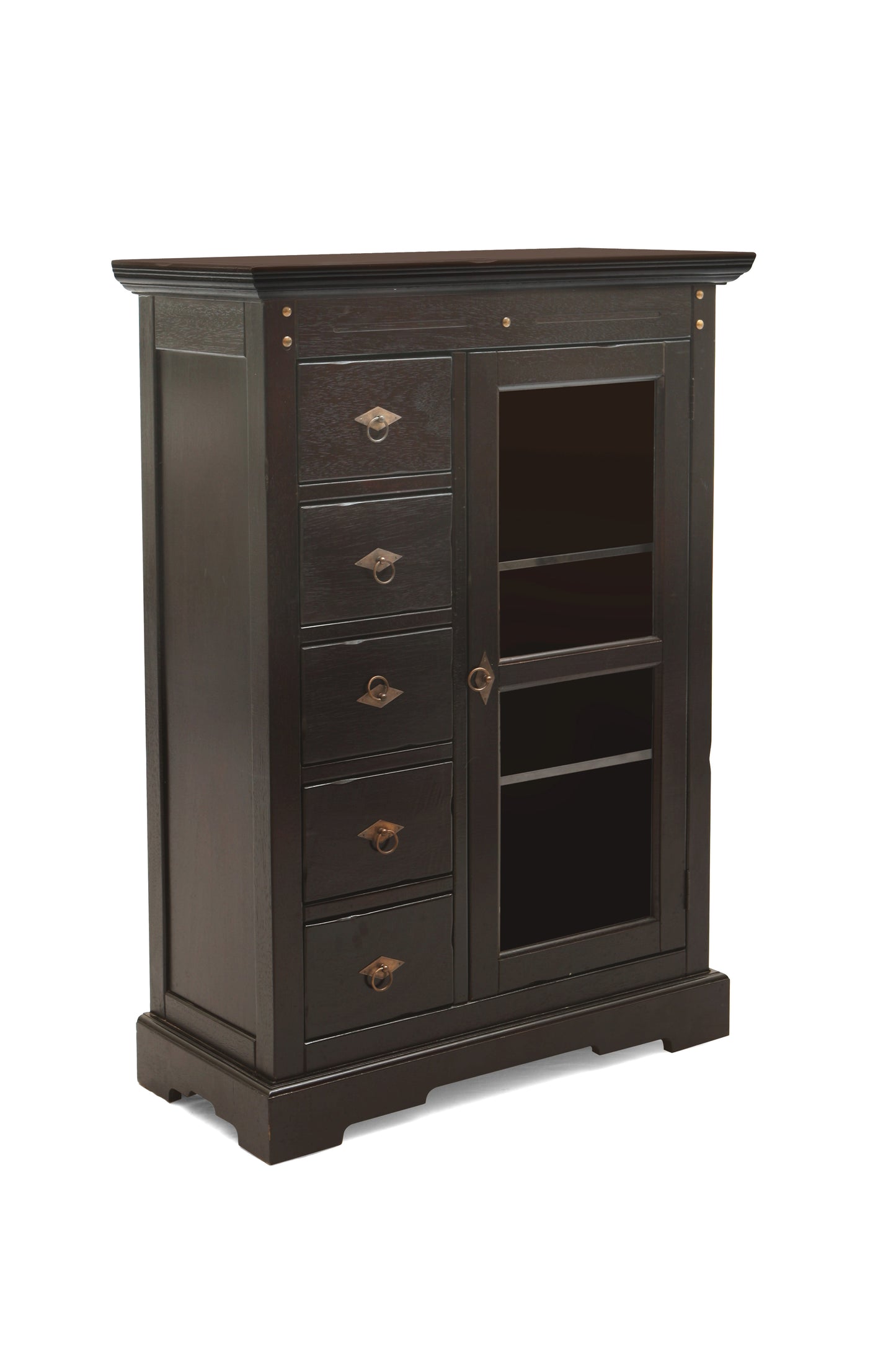 Brotschrank 1 Glastuer 5 Schubladen auf Holzauszuegen 2 feste Einlegeboeden Mass hinter der Tuer BT 40x31 cm Hoehe 1 x 41 cm und 2 x 30 cm Schubladeninnenmass 215x25x14 cm