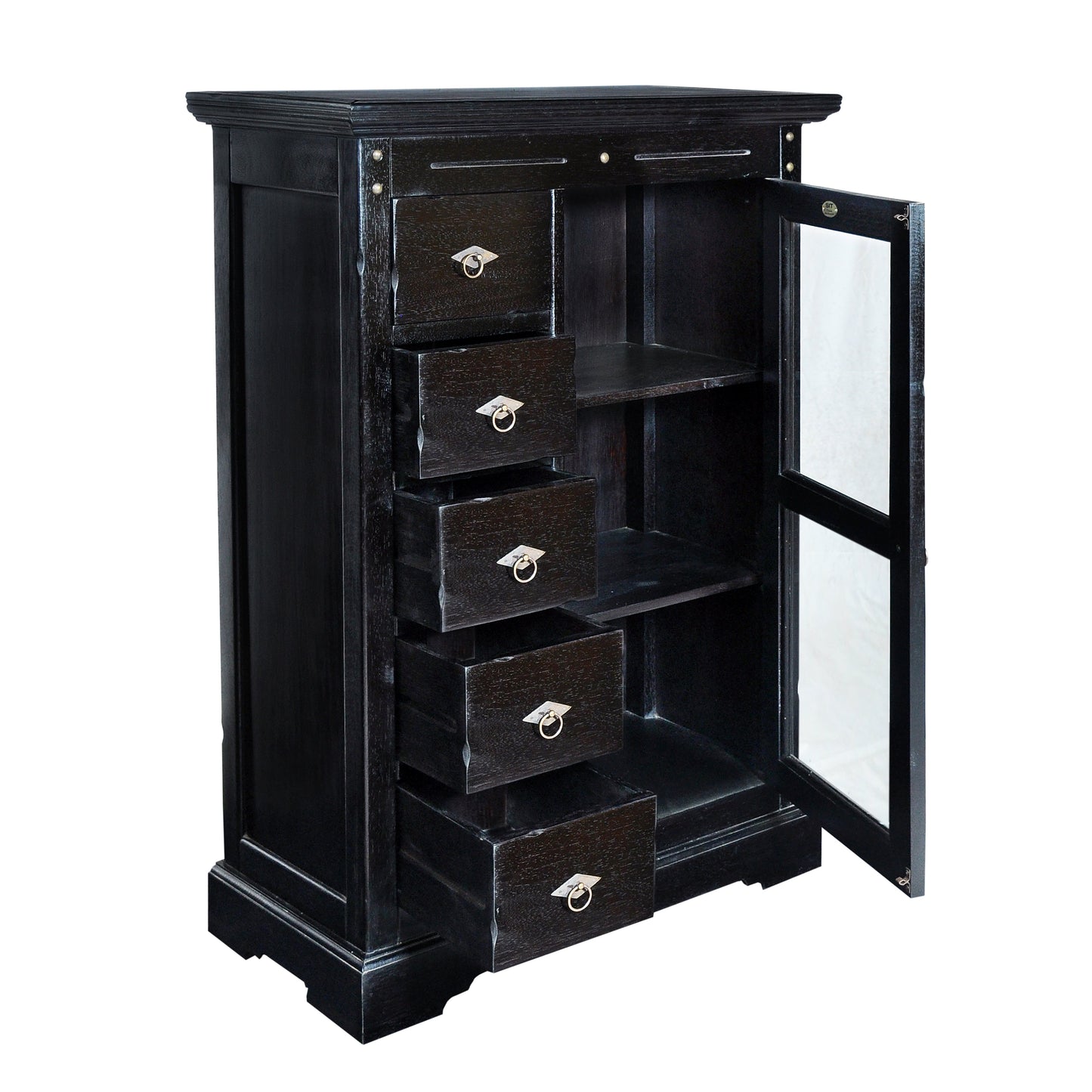 Brotschrank 1 Glastuer 5 Schubladen auf Holzauszuegen 2 feste Einlegeboeden Mass hinter der Tuer BT 40x31 cm Hoehe 1 x 41 cm und 2 x 30 cm Schubladeninnenmass 215x25x14 cm