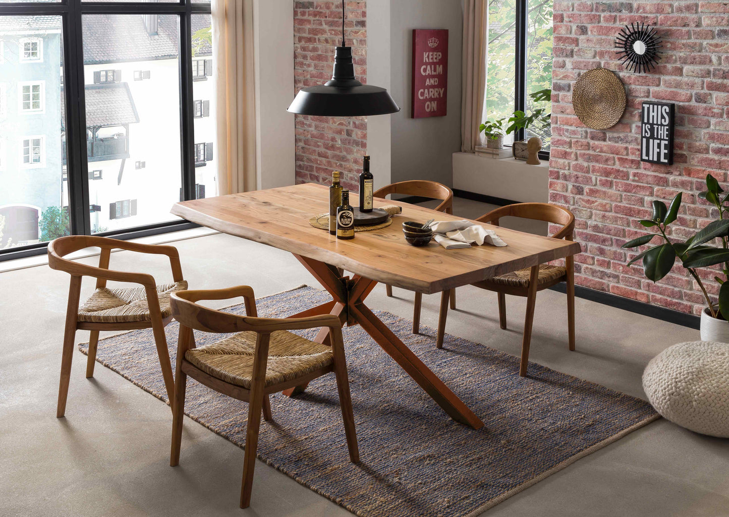 Tisch 220x100 cm Akazie natur mit Baumkante wie gewachsen und braunem Stern-Gestell Plattenstaerke 56 mm Vierkantrohre 6x6 cm