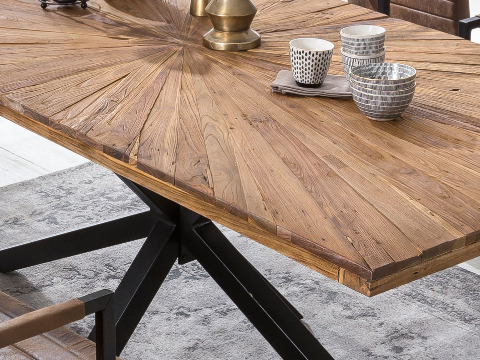 Tisch 160x90 cm Platte Teak "Sonne" schwarzes Stern-Gestell Plattenstaerke 50 mm