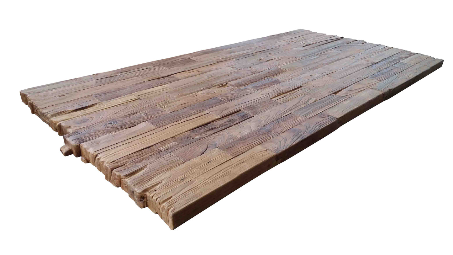 Tisch 240x100 cm Platte Teak mit Bruchkante silbernes A-Gestell Plattenstaerke auf 50 mm aufgedoppelt Abstand zwischen Beinen 170 cm ueberstand 19cm