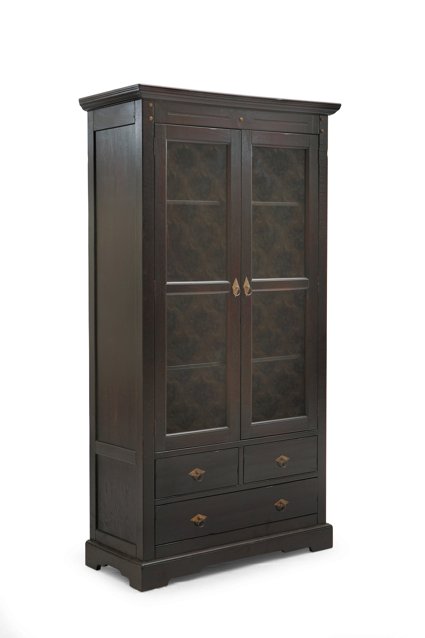 Vitrine 2 Tueren mit Glaseinsatz 2 kleine und 1 grosse Schublade auf Holzauszuegen 3 durchgaengige feste Einlegeboeden Fachmasse BT 80x36 cm Hoehe 1 x 405 cm und 3 x 285 cm Schubladeninnenmasse 355x31x125 und 765x31x125 cm