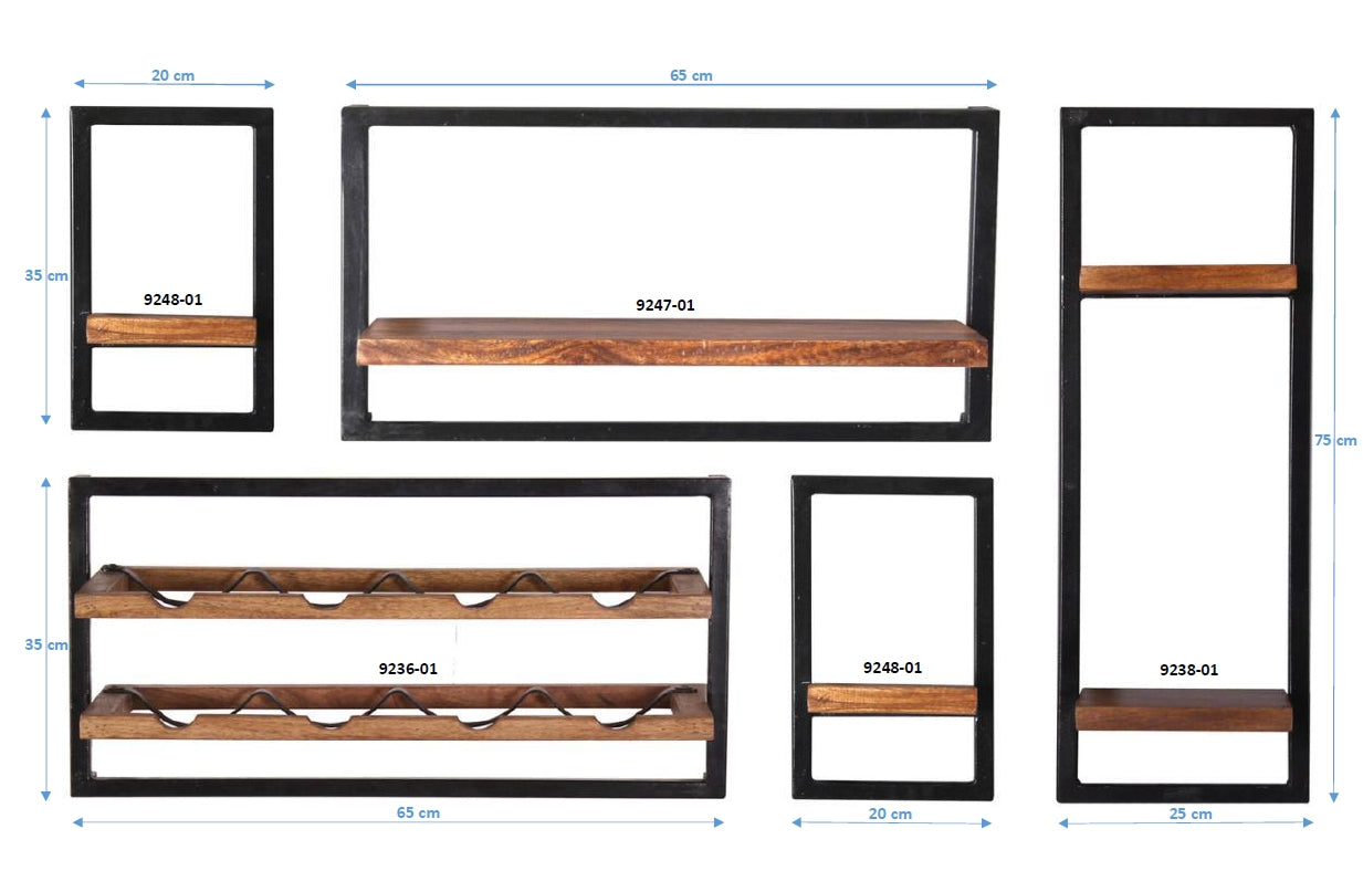 Wandregal-Set 5-teilig 2 schmale 1 breites 1 hohes Wandregal und 1 Weinregal Masse der Einzelregale  2 x 20x25x35 cm 2 x 65x25x35 cm + 1 x 25x25x75 cm