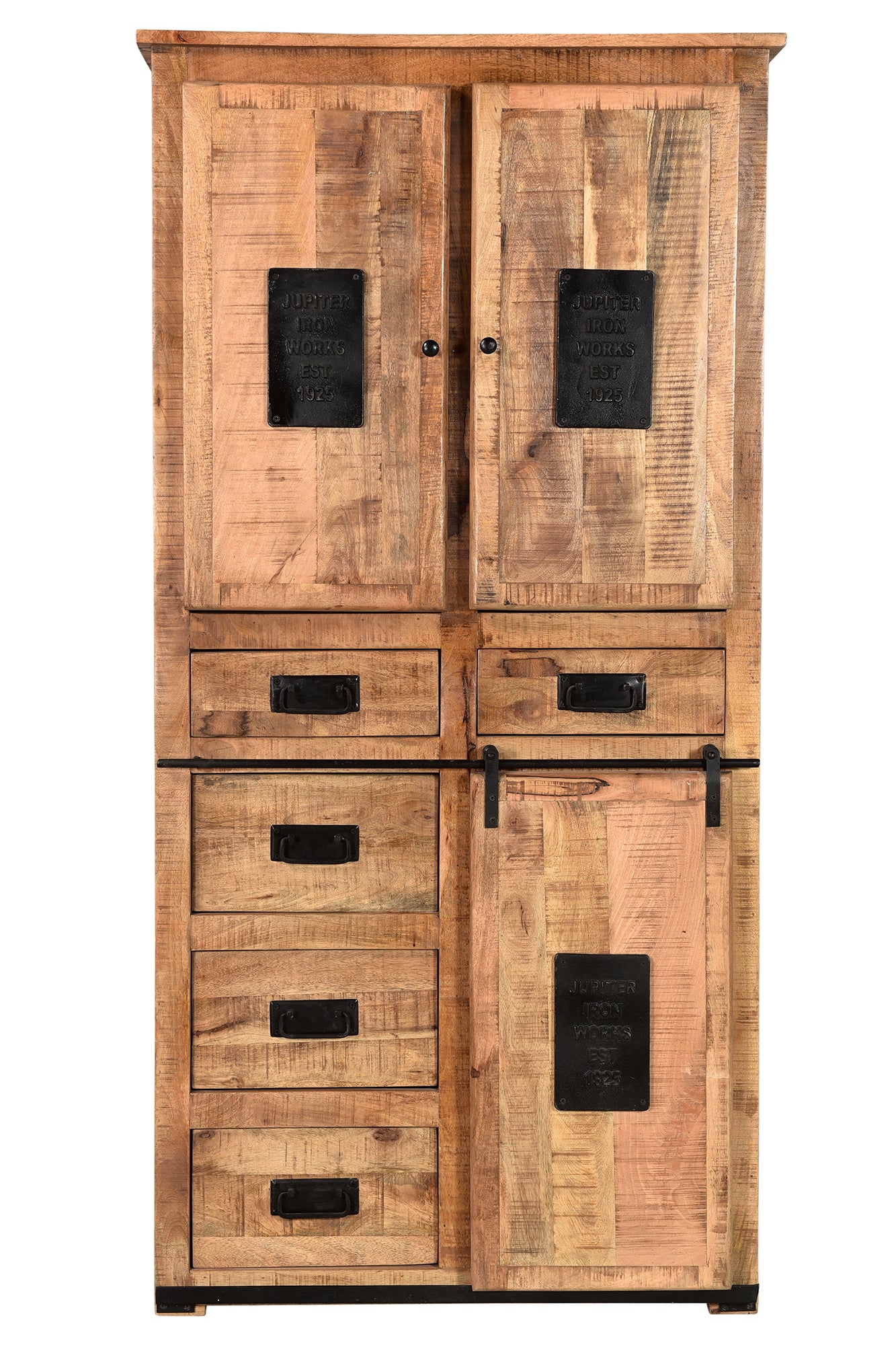 Schrank 2 Tueren 1 Schiebetuer 5 Schubladen hinter den Tueren je 1 fester Boden Fachmasse 345x36x345 cm