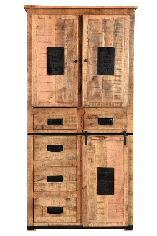Schrank 2 Tueren 1 Schiebetuer 5 Schubladen hinter den Tueren je 1 fester Boden Fachmasse 345x36x345 cm