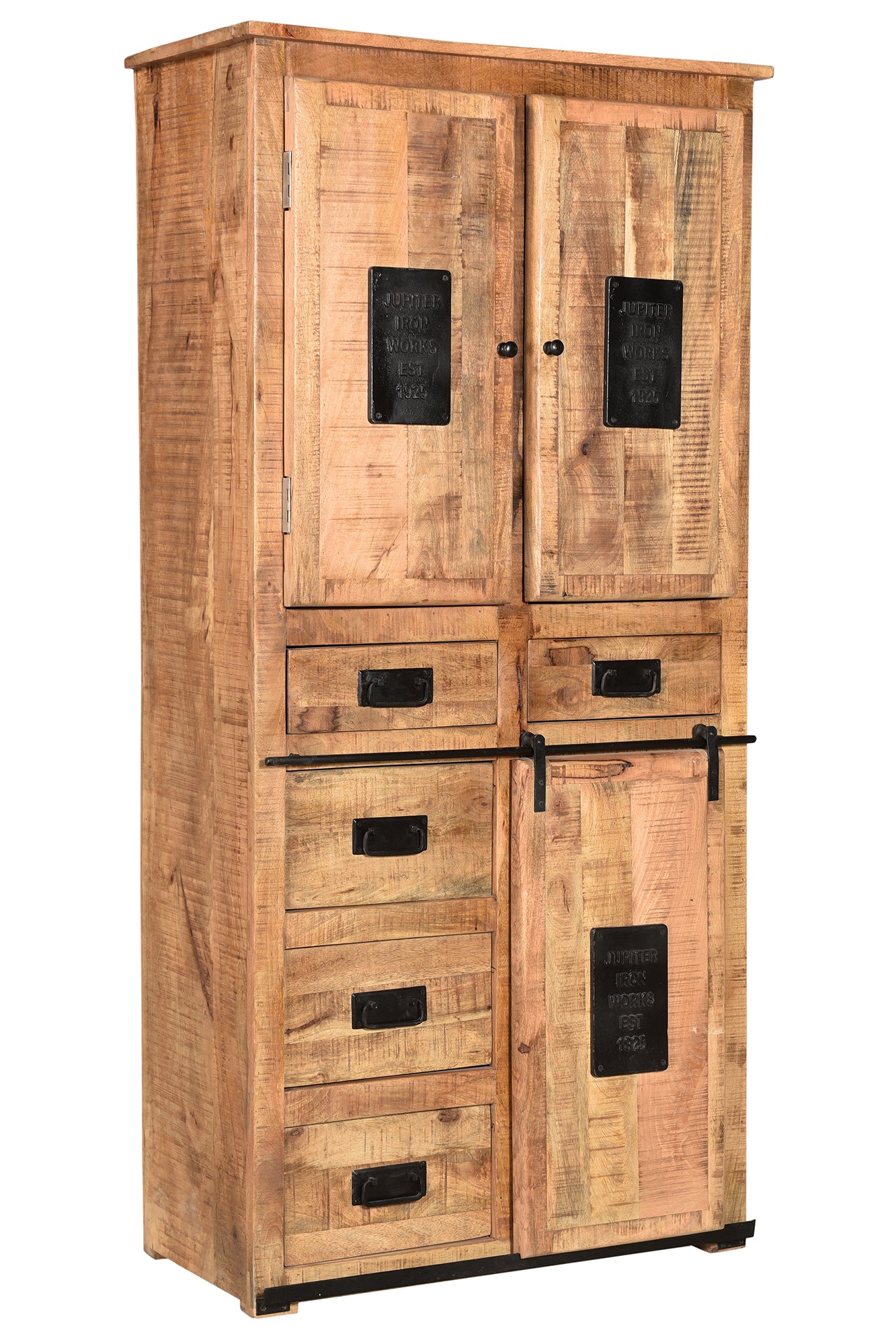 Schrank 2 Tueren 1 Schiebetuer 5 Schubladen hinter den Tueren je 1 fester Boden Fachmasse 345x36x345 cm