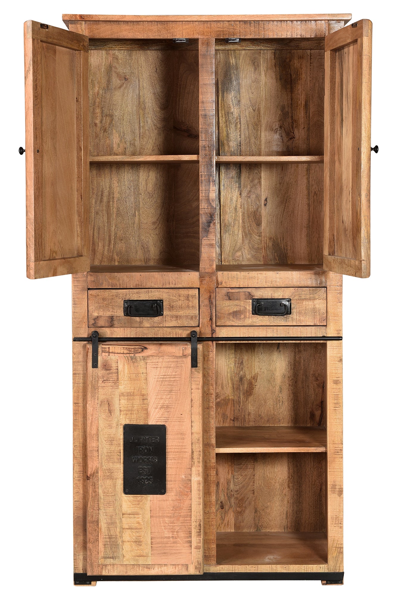 Schrank 2 Tueren 1 Schiebetuer 5 Schubladen hinter den Tueren je 1 fester Boden Fachmasse 345x36x345 cm