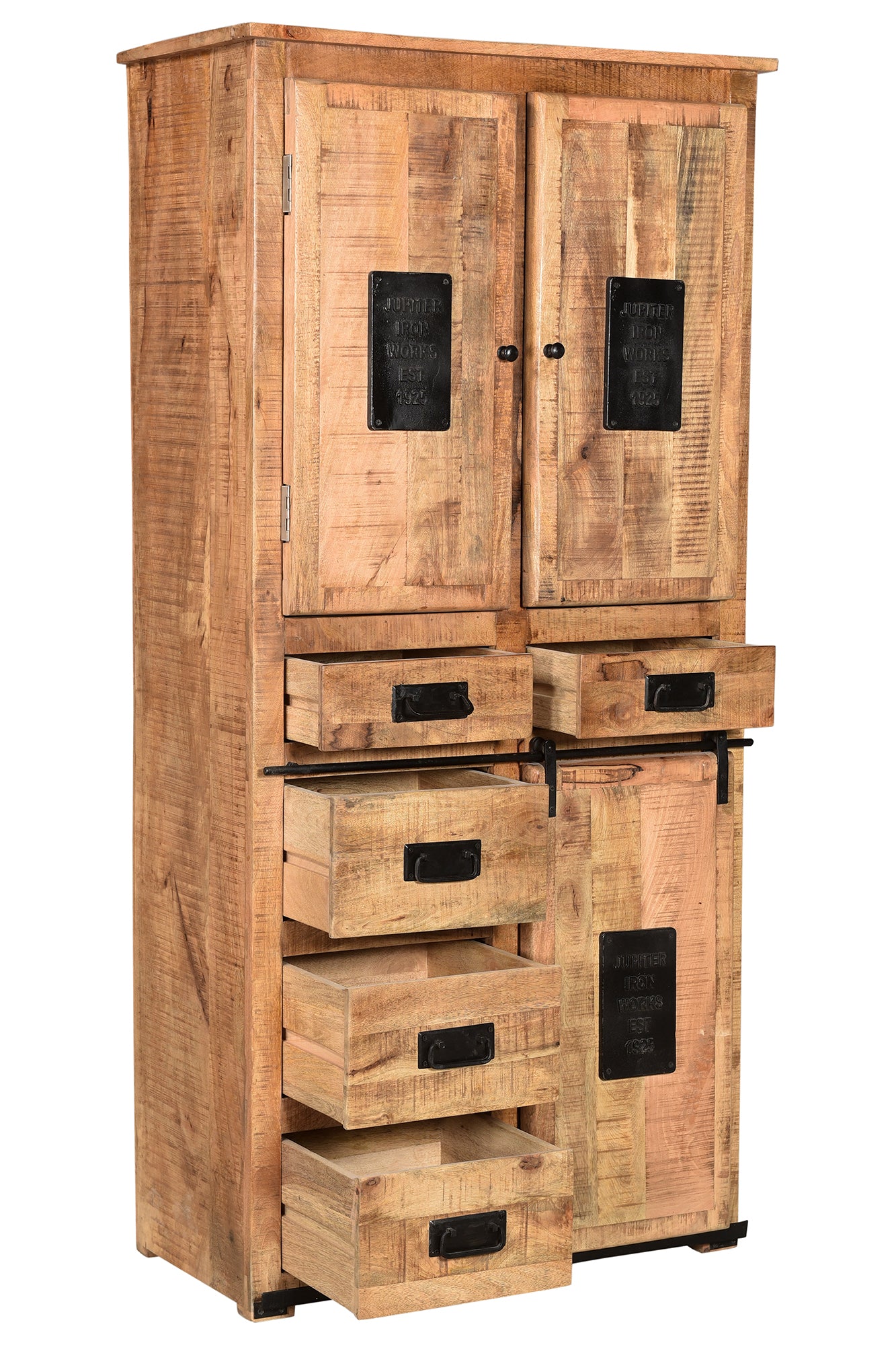 Schrank 2 Tueren 1 Schiebetuer 5 Schubladen hinter den Tueren je 1 fester Boden Fachmasse 345x36x345 cm